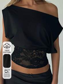 DAZY Áo thun nữ thời trang gợi cảm phối ren, vai lệch. - màu đen - Xem 1