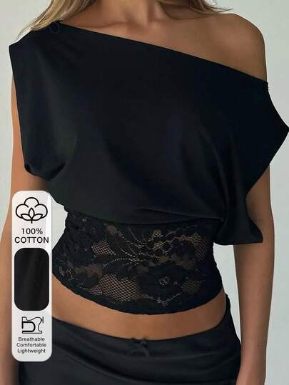 Livesso Dammode Sexig Spets Patchwork T-shirt med Asymmetrisk Axel