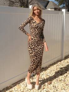 Sydney Algeri 优雅性感豹纹露肩修身长裙 - 棕色 - 查看 1