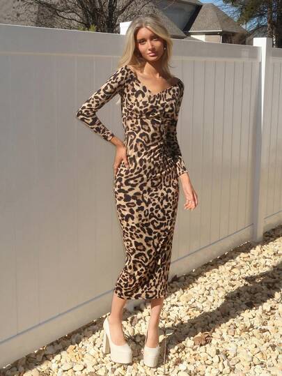 Sydney Algeri 优雅性感豹纹露肩修身长裙