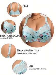 DesireSculpt 1pc Plus Size Lace Patchwork Wireless Bra - Multicolor - View 5