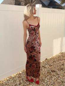 Sydney Algeri Floral Print Maxi Dress With Lace Trim Spaghetti Strap Bodycon Long Dress, Elegant Curve-Hugging Dress For Women, Vacation Dress, Valentine's Day Date Dress, Bridesmaid Mini Dress, Printed Dress,Valentine's Day,Valentine Outfits For Women Party - Khaki - View 1