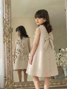 SHEIN Tween Girl Casual Elegant Frill Collar, Bow Back Decor Button Down Sleeveless Woven Solid Color Dress, French Vintage Style,Kids - Apricot - View 2
