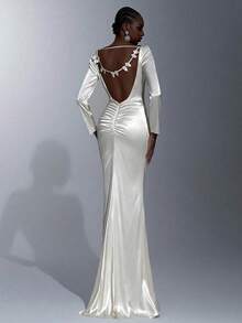 Elitara Elegante vestido de noche formal de satén crema de manga larga con pliegues en el frente, espalda abierta con volantes y bajo de sirena, vestido de fiesta - Albaricoque - Ver 7