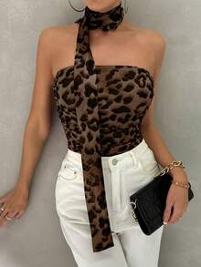 Firerie 女士夏季优雅豹纹领带褶饰抹胸短款上衣，适合休闲装和音乐节 - 彩色 - 查看 3