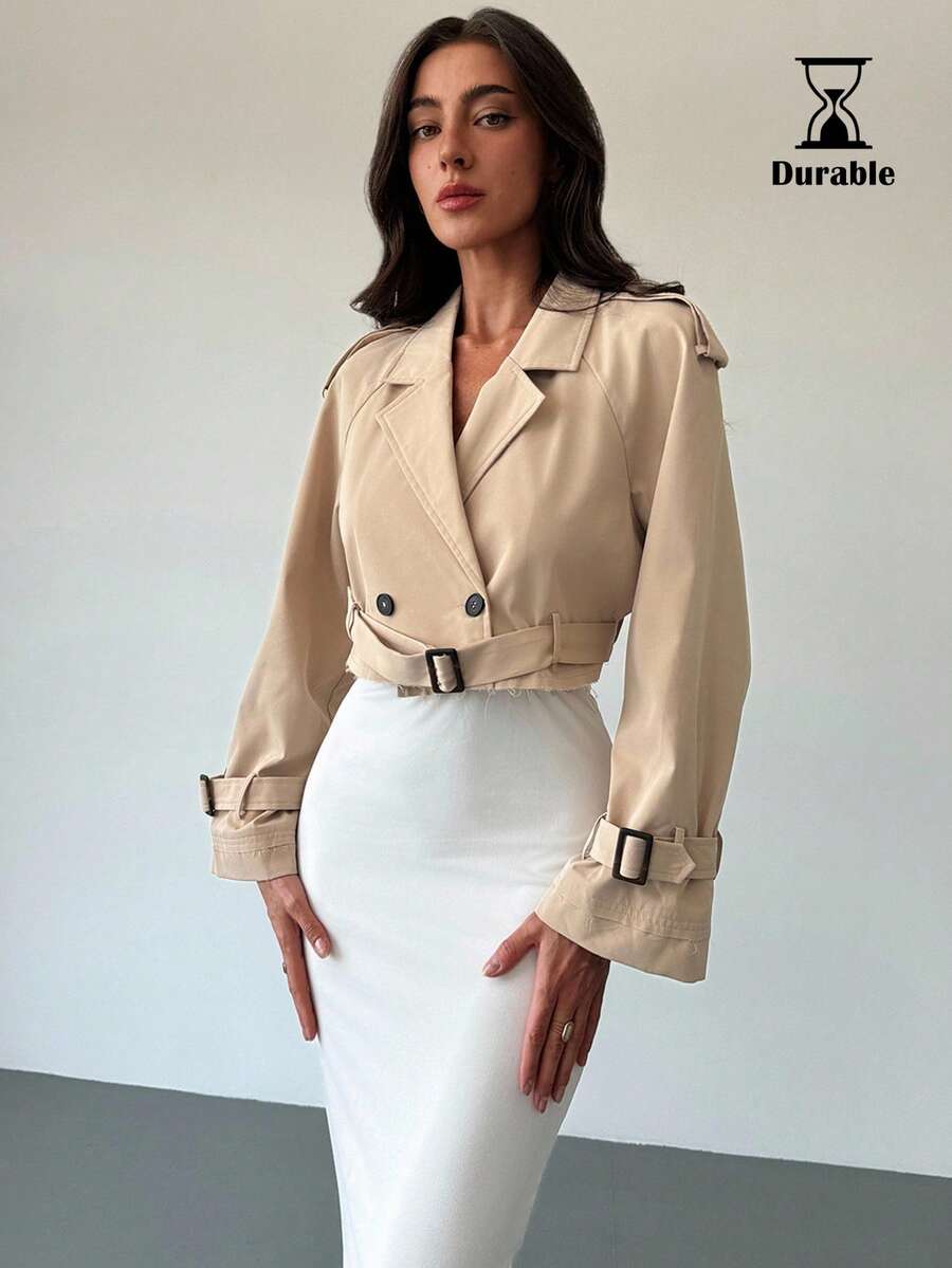 Aloruh 女式简约束腰休闲卡其色短款风衣，秋季