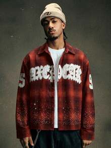 AXEPEAK Áo sơ mi nam dáng rộng, lửng, đính đá lấp lánh. - Đỏ - Xem 5