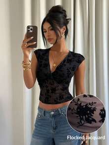 Siren Gaze Women's Flocked Jacquard V Neck Sleeveless Top Sheer Floral Print Mesh Top Fashionable Women's Off Shoulder Striped Top Stylish Short Sleeve Top Black Lace Top Black See Through Top V Neck Tops Women Tops Elegant Going Out Tops Black Top V-Neck Tops Lace Black Floral Top Velvet Floral Top Low Cut Top Black Sexy Tops Bandage Top Dress Top See Through Tops Revealing Clothes For Women Deep V-Neck Top Sexy Tops For Ladies Designer Top - Black - View 7