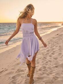 Aralina Striped And Polka Dot Cinched Waist Backless Strappy Back Summer Dresses For Women Sleeveless Design Spaghetti Straps Straight Neckline Elastic Waist Asymmetric Hanky Hem Flowy Silhouette Mini Length Feminine Style Vacation Outfits Beach Dress Casual Going Out Dress Lavender Mini Dress Festival - Mauve Purple - View 6