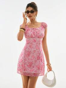 Poéselle 女士印花系带法式粉色连衣裙 - 粉色 - 查看 4