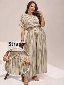 Comfylo 2pcs/Set Plus Size Striped Outfit,Round Neck Batwing Blouse & Wide Leg Pants,Beige Summer Smart Casual Vacation Drawstring Waist Co Ord Sets For Women - Multicolor - View 2