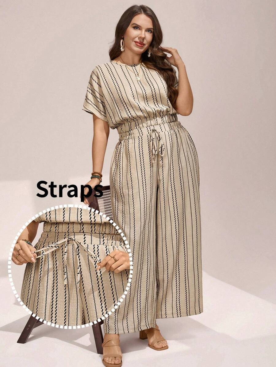 Comfylo 2pcs/Set Plus Size Striped Outfit,Round Neck Batwing Blouse & Wide Leg Pants,Beige Summer Smart Casual Vacation Drawstring Waist Co Ord Sets For Women