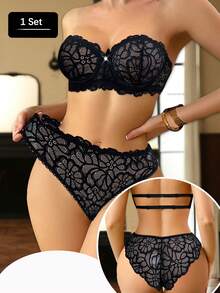 Conjunto de lencería sexy con sujetador con aros y calzones de encaje y parches para mujer - Negro - Ver 1