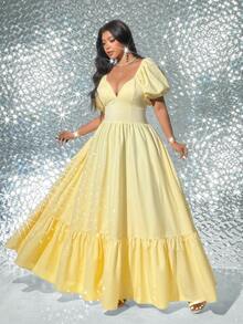 Viva Relle Vestido elegante plus size para encontros românticos com mangas pétala e babados na barra, amarelo manteiga. - Amarelo - Ver 1