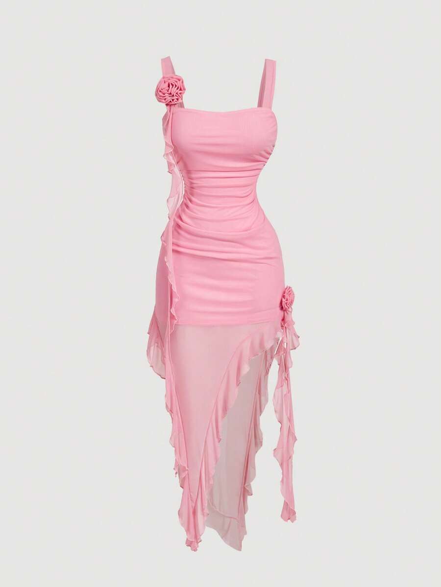 SHEIN MOD 红色浪漫3D印花女式连衣裙,约会装,情人节装 S码女式连衣裙 - 粉色 - 查看 1