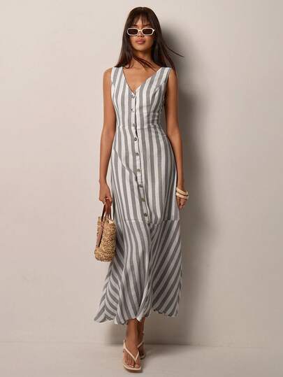 COSMINA Women's Long Dress, Sleeveless V-Neck Striped Dress, Summer Women's Matching, White Contrast Stripe Pattern, Elegant Summer Dress, Suitable For Daily Outings, Weekends, Commuting Womens Summer Dresses Casual Summer Dresses For Women Maxi Dress Striped Button-Front Dress