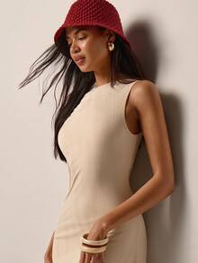 COSMINA Women's Long Dress, Oblique Shoulder Dress, Knitted Elastic Dress, Elegant Dress, Apricot Dress, Casual Daily Summer Dress - Apricot - View 6