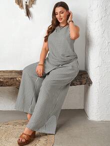Rosumi 2pc Set Plus Size Women's Summer Elegant Vacation Black And White Striped Sleeveless Asymmetrical Tank Top And Wide Leg Pants,Smart Casual Boho Set - Multicolor - View 7