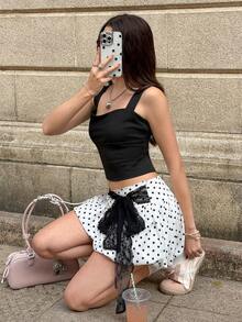 MainGRL 2026春夏女装甜美白色波点泡泡迷你裙，配黑色蕾丝蝴蝶结腰带，复活节日常街头风Y2K夏季女装，适合派对、聚会和约会。 - 白色 - 查看 4