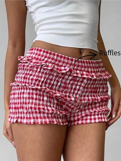 Aloruh Women's Red & White Gingham Ruffle Trim Casual Shorts, Sweet Countryside Holiday Style, Spring/Summer,For Daily,Office,Outgoing