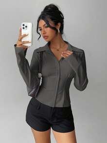 Aloruh Women's Elegant Spring/Summer Commute & Daily Wear Simple Solid White Short Sleeve Ruched Waist Long Sleeve Blouse - Grey - View 5