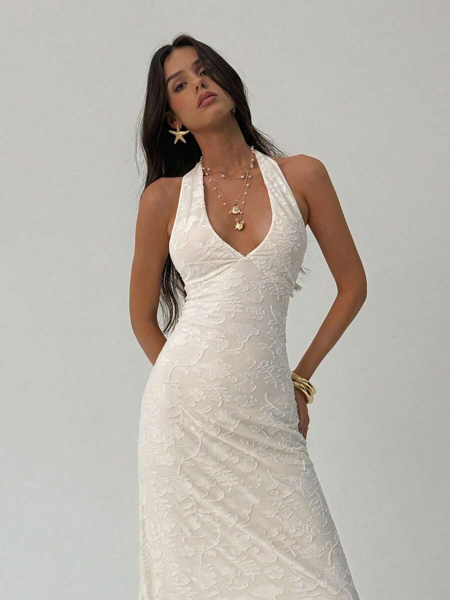 Aloruh White Flocked Elegant Backless Dress, Suitable For Valentine's Day And Wedding Season - Apricot - View 1