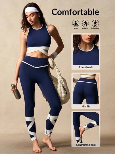 VARSIVA Women's Contrast Color Cropped Tank Top And Leggings Sports Set