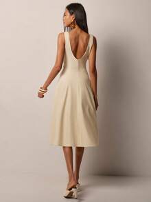 COSMINA Women's Elegant Sleeveless Deep V Buttoned Waist A-Line Mid-Length Dress, Versatile For Commuting, Office, Dating, Evening Party, All Season - Cream - View 2
