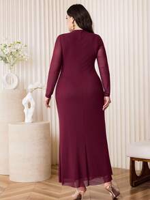 Modelyn Plus Size Women Solid Color Pleated Long Sleeve Elegant Dress - Burgundy - View 10