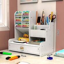 Desktop DIY Pen Holder Storage Box Multi Functional Office Stationery Box Large Capacity Student Wood Plastic Storage Pen Holder - White - View 6