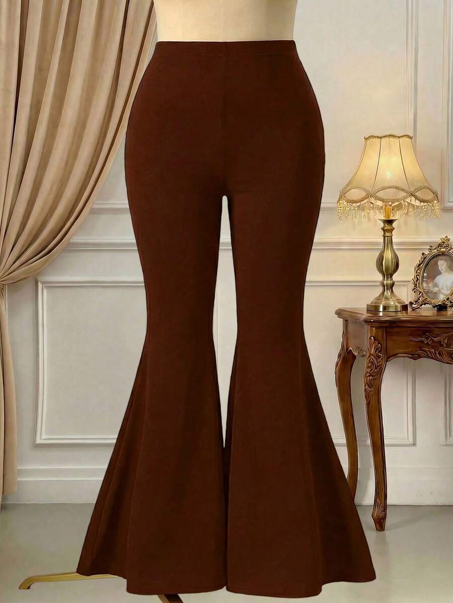 Rometta 大码纯色简约日常穿着棕色喇叭裤 - 咖啡棕 - 查看 1