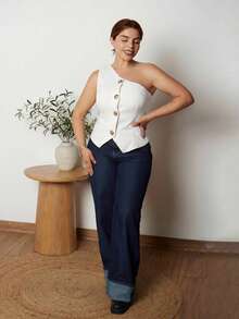 Lupita Cardoza 时尚优雅的 S 形性感不对称领口金属扣装饰黑色女式衬衫，春夏季 - 白色 - 查看 6