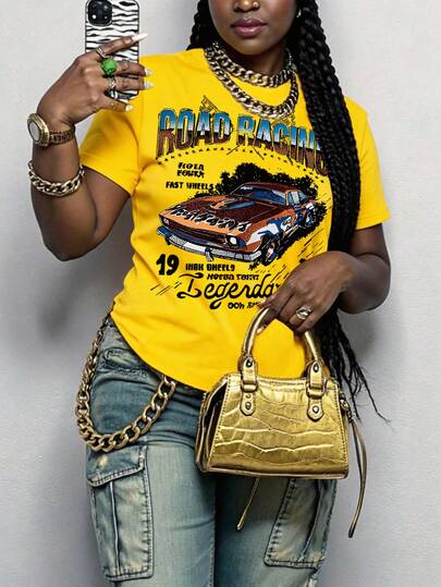 Maweii Plus Size Women's Letter & Car Print Round Neck Short Sleeve Casual T-Shirt