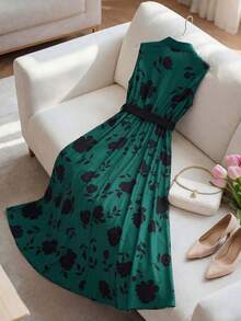 GlowEve Damen Mode Pendler Elegant Täglich Lässig Knopf Taille Gürtel Metall Schnalle Revers Weste Grün Schwarz Blumen Elegant Blumen Urlaub Party Maxikleid, Frühling/Sommer Weste Maxikleid - Verschiedenfarbig - Übersicht 2