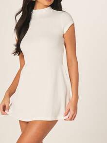 MISSGUIDED Women's Ribbed Knit High Neck Short Sleeve Bodycon Mini Dress Fitted Casual Day Evening Wear - White - View 4