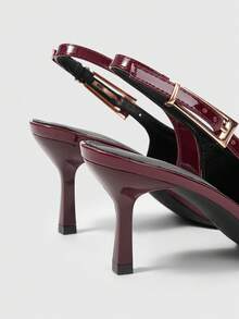 Sleekvia Giày cao gót nữ gợi cảm bằng da bóng, mũi nhọn, gót thấp, hở gót, kiểu slip-on, có khóa cài, màu đỏ rượu vang. - Màu Đỏ Sâu - Xem 4