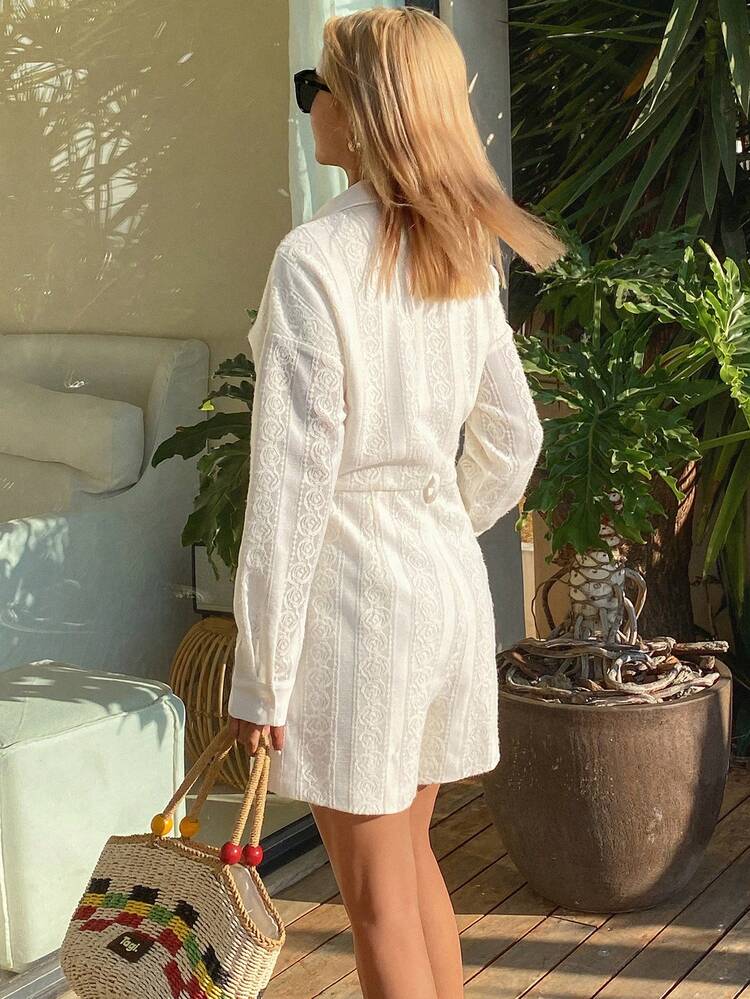 Women's Elegant Lace Patchwork Faux Pocket Zipper Collar Jumpsuit, Spring/Summer Lounge Sets For Women