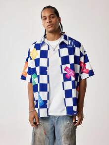 Tetris™ X SHEIN Men's Checkerboard Short Sleeve Single-Breasted Loose Shirt, - Blue and White - View 4