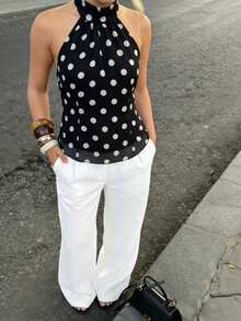 Pariaura 2026新款女士露背吊带无袖上衣 - 可爱黑色波点印花露背设计，配有系带蝴蝶结，喇叭下摆，收腰剪裁，轻盈飘逸的雪纺面料，复古风夏季休闲约会海滩度假周末派对时尚百搭，日常外出必备上衣 - 黑色 - 查看 5
