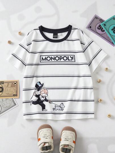 MONOPOLY X SHEIN 1件休闲风男童圆领舒适宽松纯棉T恤，大富翁联名款