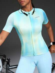 Powerista 女士字母印花渐变拉链骑行服 - 藍色 - 查看 1