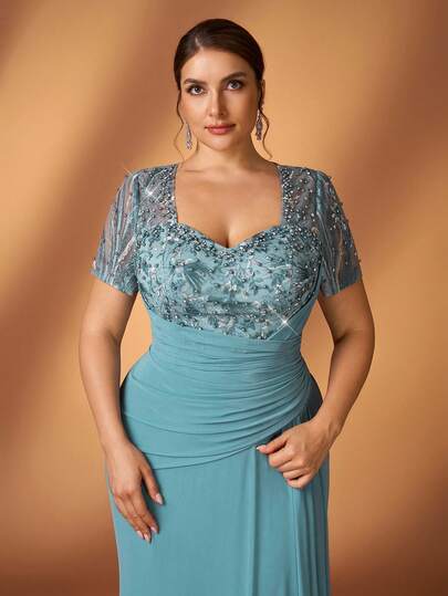 Serin Vestido de noche formal elegante y romántico talla grande, color verde menta, escote corazón, mangas abullonadas, lujoso parche de malla bordada con decoración de perlas y diamante de imitación, volantes en el bajo de sirena (diseño intrincado) para la madre