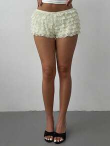 Aloruh Women's Colorblock Lace Trim Mesh Multi-Layer Ruffle Hem Micro Shorts, Suitable For Music Festivals In Spring/Summer - Apricot - View 5