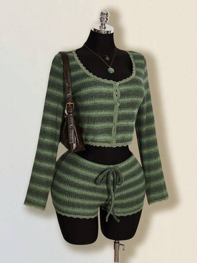 SHEIN ICON 女士条纹蕾丝边单排扣上衣和短裤两件套