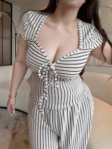 Vibekara 休闲优雅简约短袖T恤+阔腿条纹提花裤大码女装两件套 - 杏色 - 查看 10