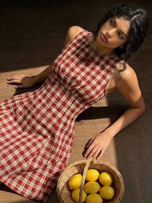 Sweetina 女士假日度假复活节酒红色外出格子圆领收腰无袖迷你连衣裙，夏季 - 紅色 - 查看 1