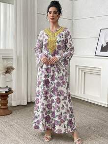 Al Najma Vestido estilo árabe modesto con estampado floral y mangas acampanadas - Multicolor - Ver 3