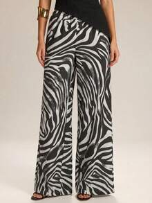 SHEIN BAE Women's Casual Zebra Print Wide Leg Pants, Suitable For Spring & Summer Strapless Top Zebra Pants - Black and White - View 6