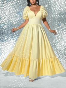 Viva Relle Vestido elegante plus size para encontros românticos com mangas pétala e babados na barra, amarelo manteiga. - Amarelo - Ver 2