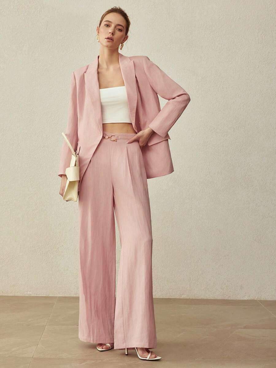 MOTF PREMIUM LINEN MINIMALIST ELEGANT DECORATIVE BUTTON STRAIGHT LEG PANTS, SPRING/SUMMER - Pink - View 2